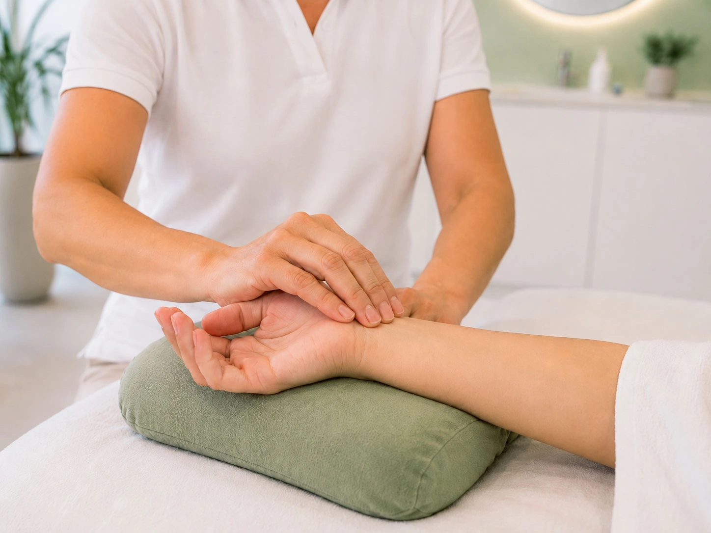 Therapeut tastet den Puls am Handgelenk einer Patientin während der TCM-Diagnostik im Akupunktur Zentrum Oerlikon